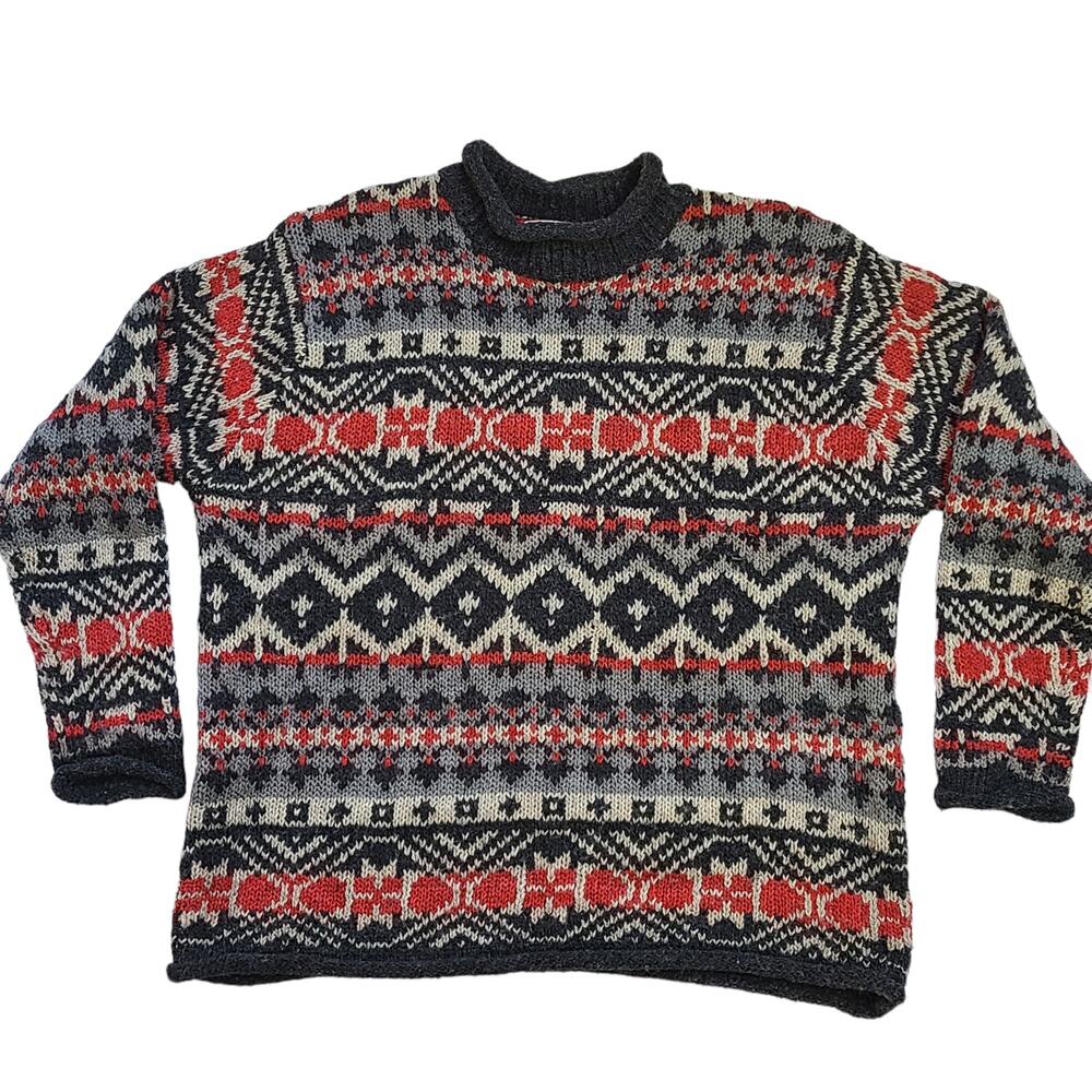 Claudia D oversized gray black red Fair Isle crew neck sweater size XL